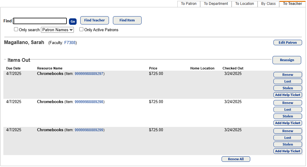 Check Out Items To Teacher sub-tab.
